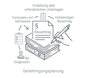 Piktogramm zur Genehmigungsplanung: Erstellung des vollständigen Bauantrags, Formulare, Nachweise und Behördeneinreichung – architekturwitt Hannover