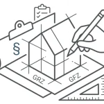 Piktogramm zum Vorentwurf: Zeichnerische Konzeption, Baurechtsprüfung (§) sowie Ermittlung von GRZ und GFZ